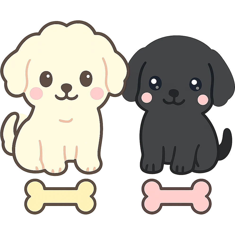 Change the smaller dog to a true black color while keeping the kawaii style and transparent background. Leave the larger dog and the bone treats unchanged. emoji