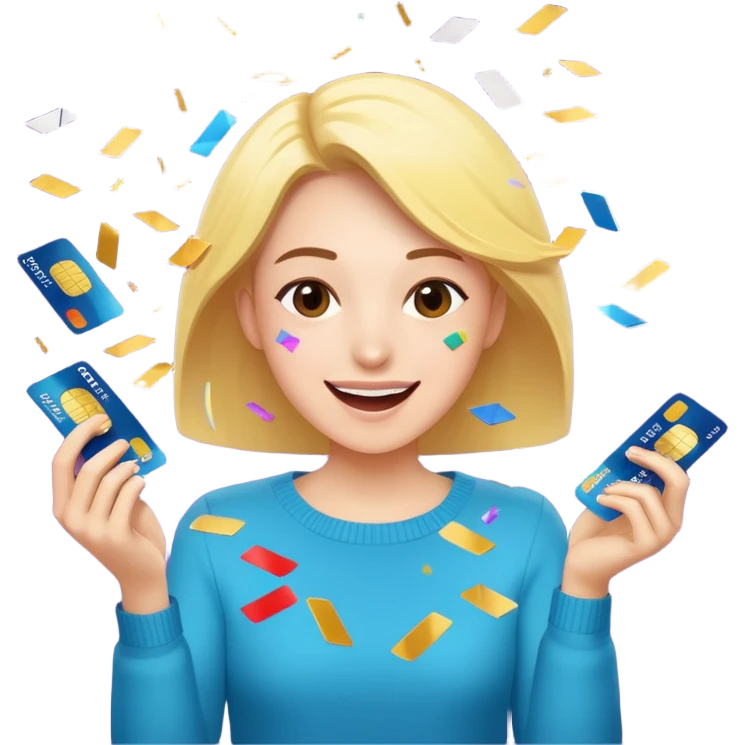 A joyful person cutting up credit cards as they turn into flying confetti emoji emoji