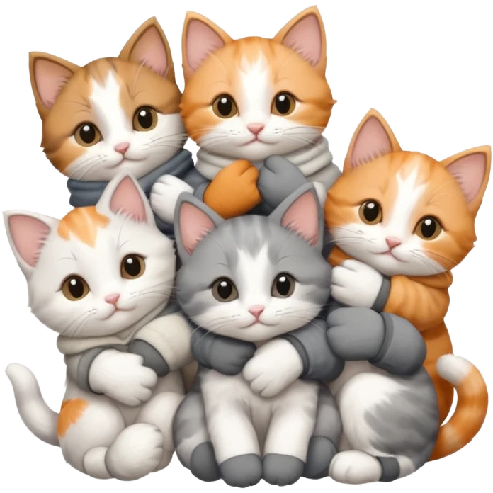 6 tiny kittens cuddling together all various different natural colours including solid grey with white mittens, grey and white, ginger and white, calico, and brown and white emoji
