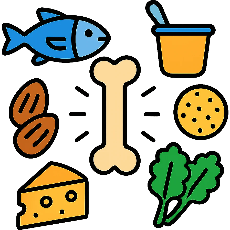 Sources of calcium: sardines, yogurt, cheese, sesame seeds, almonds and kale surrounding a single strong bone emoji