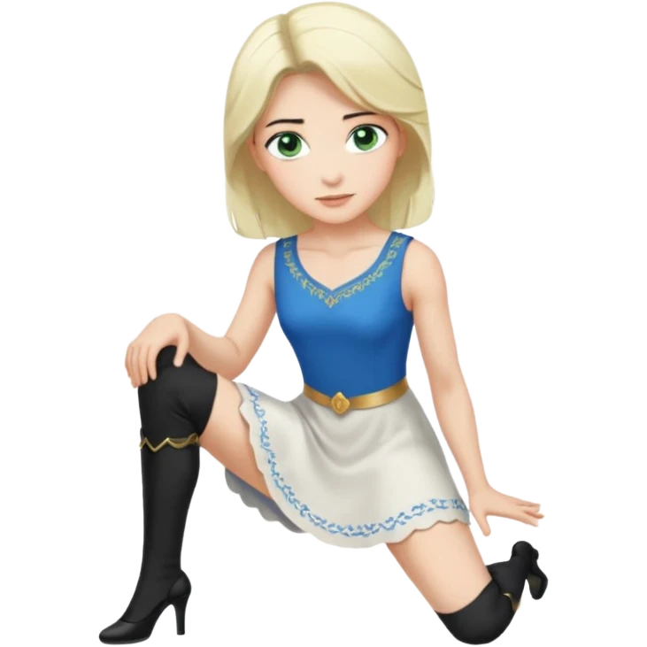 prince, upright, black Hair, blue eyes, garment,  Woman, bending knee, sleveless white dress, blonde hair, green eyes, emoji