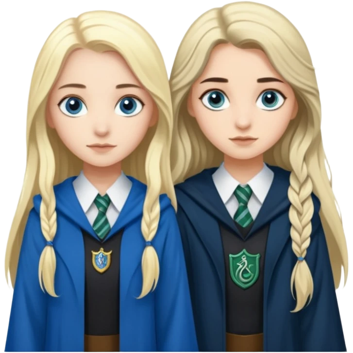a pretty ravenclaw girl with long dark brown hair and blue eyes standing with a pretty Slytherin girl with long blonde hair, blue eyes emoji