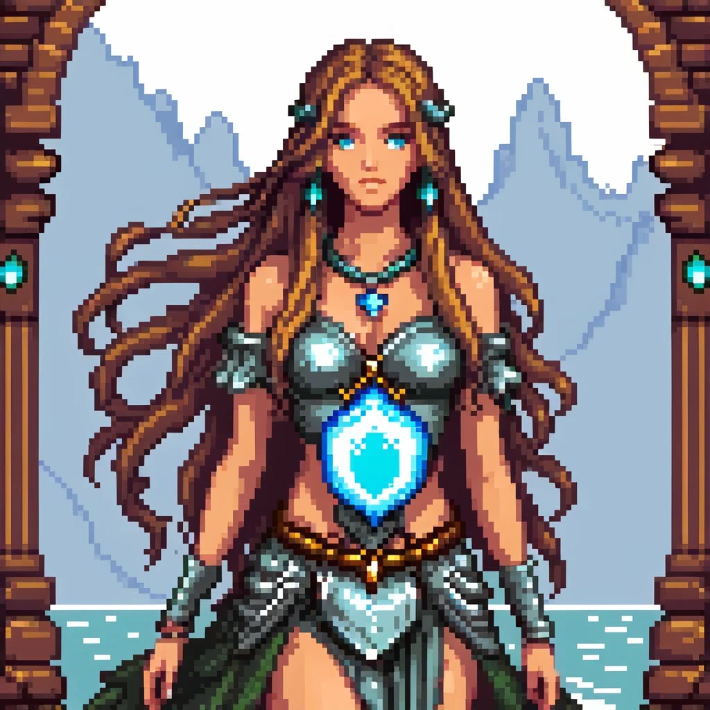 Beautiful girl with metal jewelry and long flowing hair in fantasy setting emoji