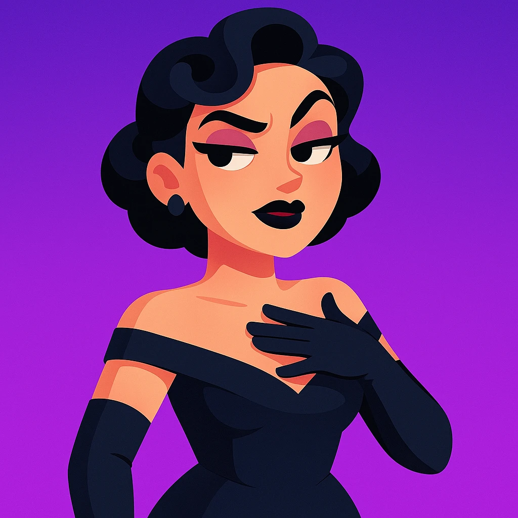 cute animated 3D cartoon character of a glamorous woman with short black hair in elegant curls, wearing a dark navy blue off-shoulder gown and long black gloves, confident slightly smug facial expression with bold dark makeup including black lipstick and sharp eyebrows, hand placed on chest as if in disbelief or sass, bright purple gradient background, mobile game character art style emoji