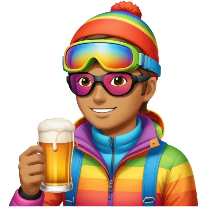 After-ski, a skier, with modern rainbow-colored skiing goggles, drinking beer emoji