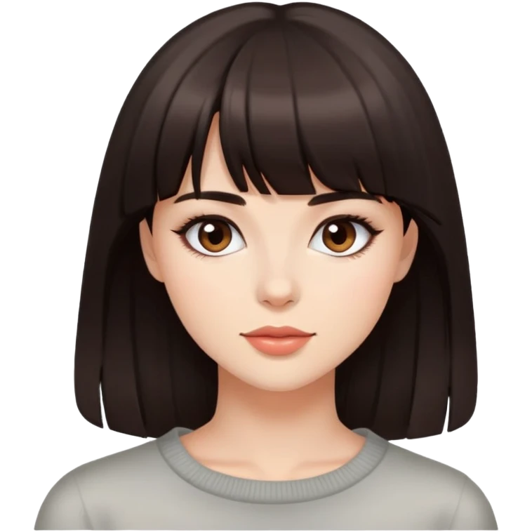 Beautiful woman with dark brown bangs, minimal makeup, charming expression emoji