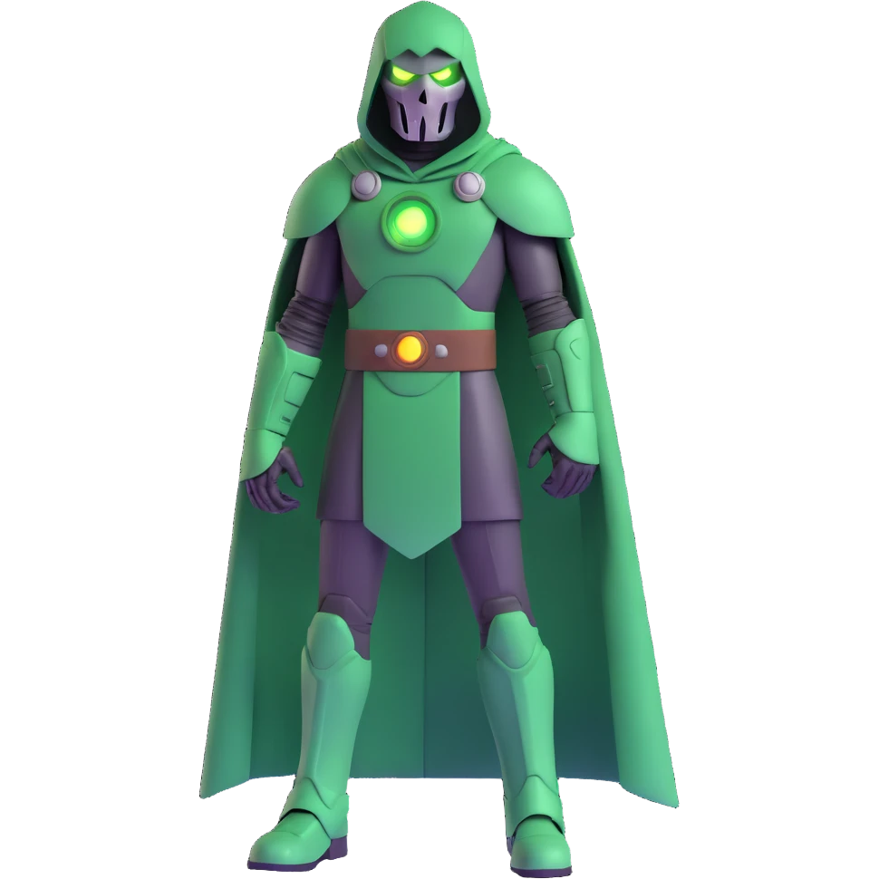 Doctor Doom standing tall with glowing green eyes behind his metal mask, full body view emoji