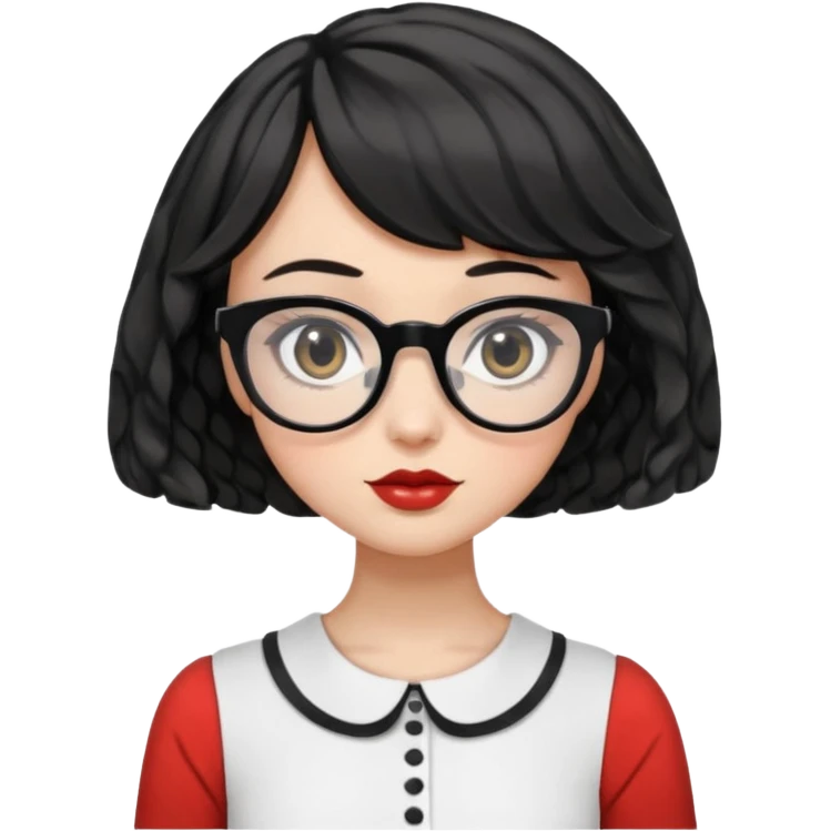 female character with black wavy French bob hair, black round eyes, white square eyeglasses, peplum top emoji