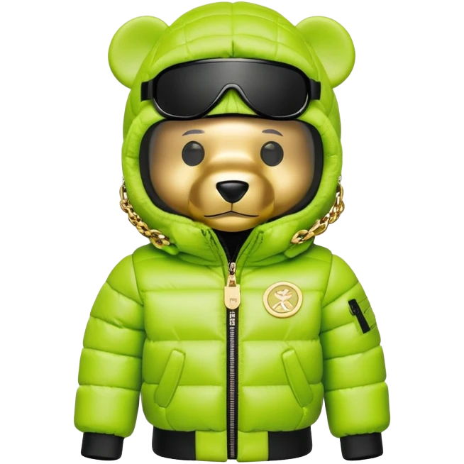 bearbrick in lime balaclava with logos where eye section is a single continuous dark visor lens integrated directly into the mask fabric, not additional eyewear, luxury puffy jacket with fur, gold chains emoji
