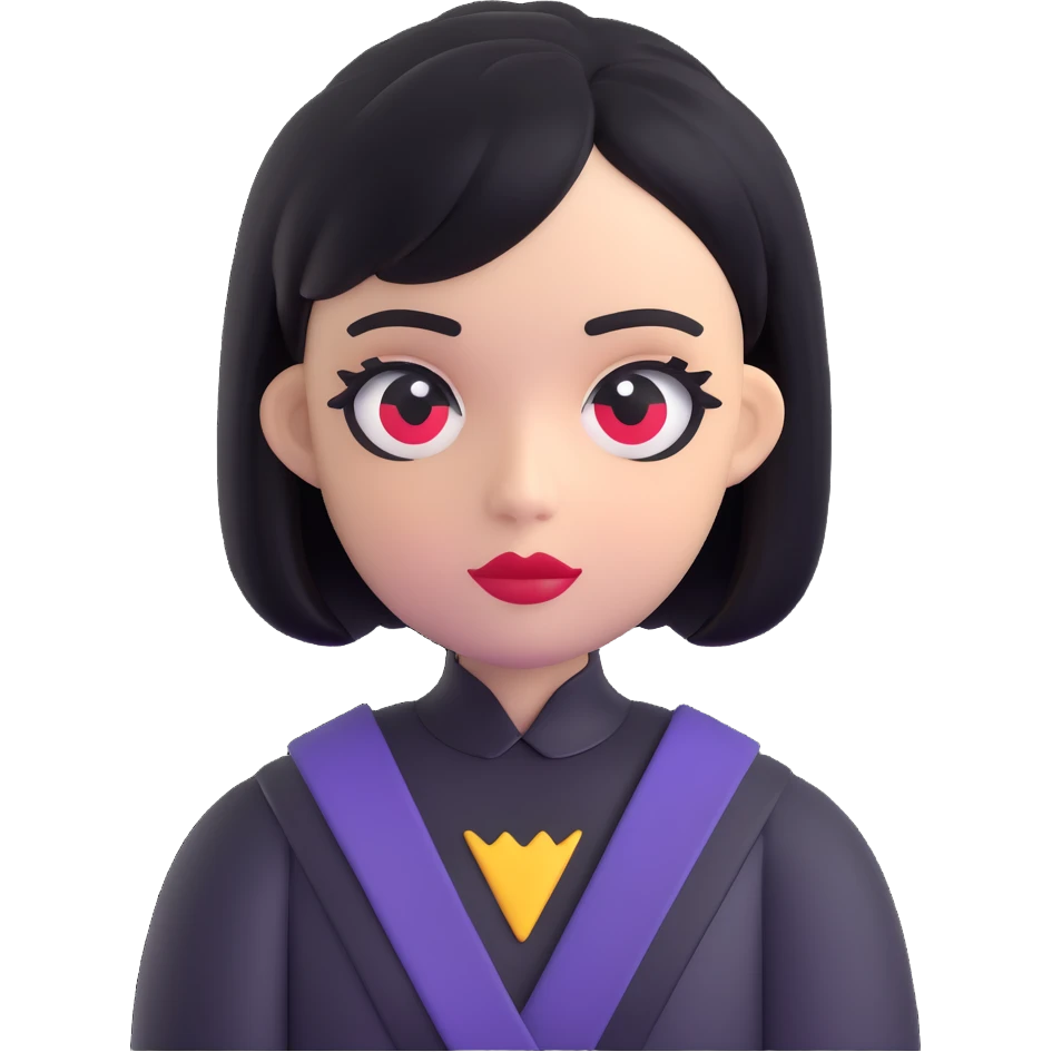 Create a Samsung Sam 3D emoji in Microsoft Fluent style with black bob haircut and gothic makeup, transparent background. emoji