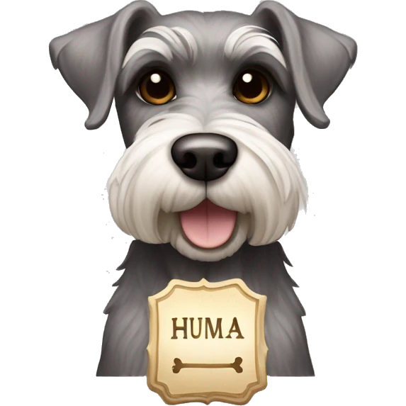 Schnauzer dog with dark brown eyes and a plaque in bone form that says HUMA emoji