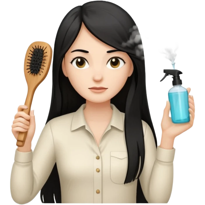 A white woman with long, straight black hair, wearing an ivory-colored shirt, holding a small square wooden paddle hairbrush in her left hand and spraying a hair mist bottle with her right hand toward her hair. emoji