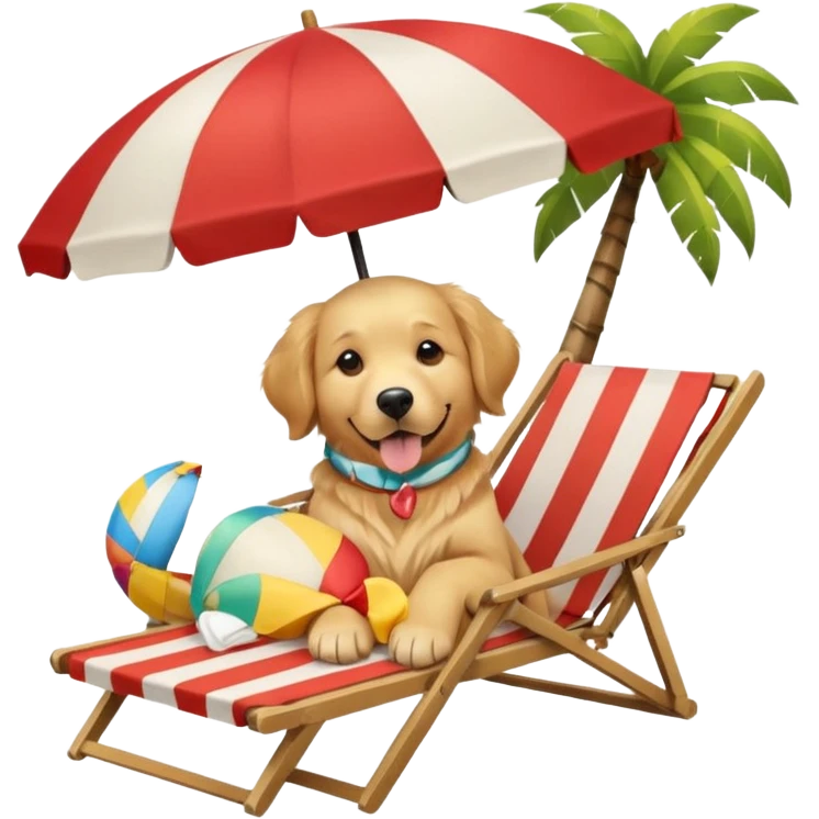 a dog laied on a beach chair, a sunny beach, a sun umbrella, and beach coconut trees. the icon should capture the essence of a relaxing beach vacation with a carefree atmosphere emoji