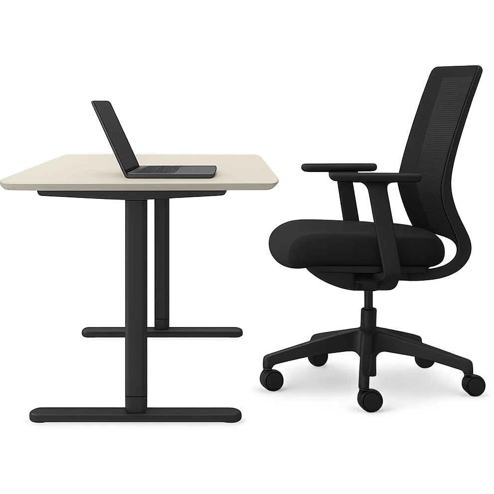 Add a laptop on the desk, keep the style and side view. The style is a side view illustration with no background. emoji