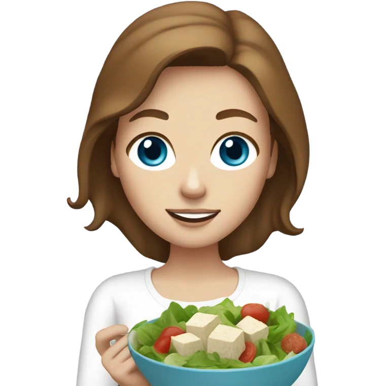 White girl Brown hair blue eyes freackles eating Tofu salad emoji
