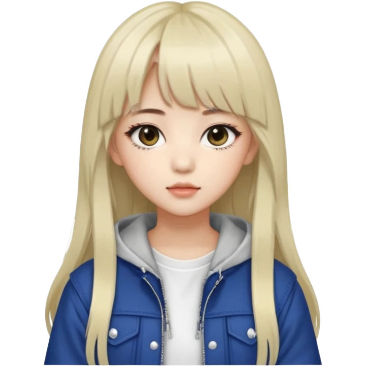 Portrait of a young female K-pop idol, wearing a stylish streetwear outfit with layered clothing, long hair with bangs, cool face emoji