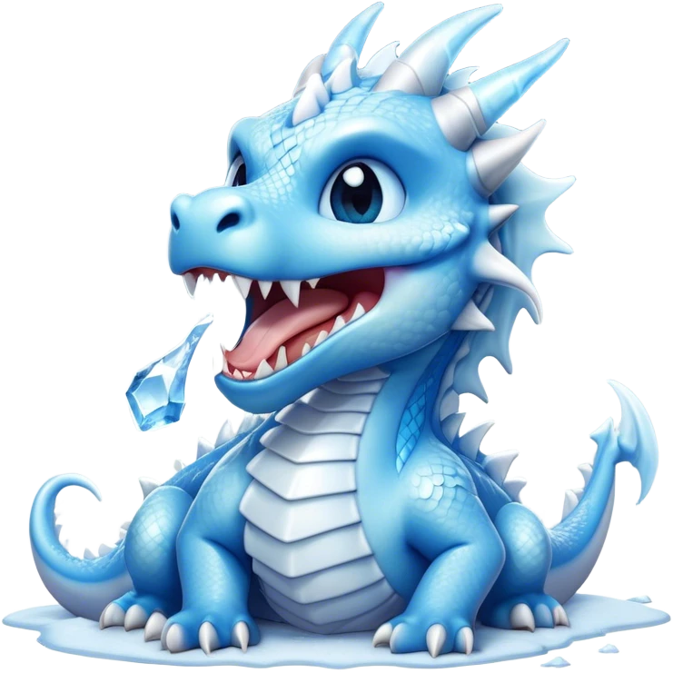Cinematic Cute Yawning Beautiful Ice Dragon Portrait Emoji, Head tilted slightly with a dramatic, wide-open yawn, revealing a softly crystalline body with subtly drooping, frost-laden scales in cool blues and silvery hues, each detail rendered with natural icy finesse; high shine, relaxed yet elegant, styled with a dash of enchanted winter charm, soft glowing outline, capturing the essence of a sleepy yet graceful ice drake ready to stretch out and melt into a serene, frozen slumber! emoji
