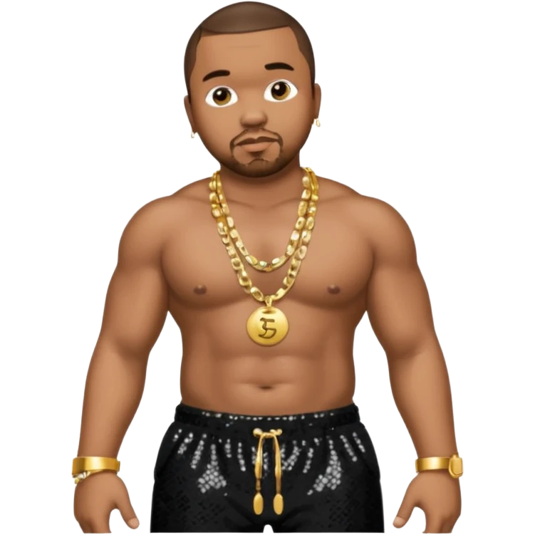 Timbaland with dark brown hair, black sequin baggy pants, shirtless with necklace emoji