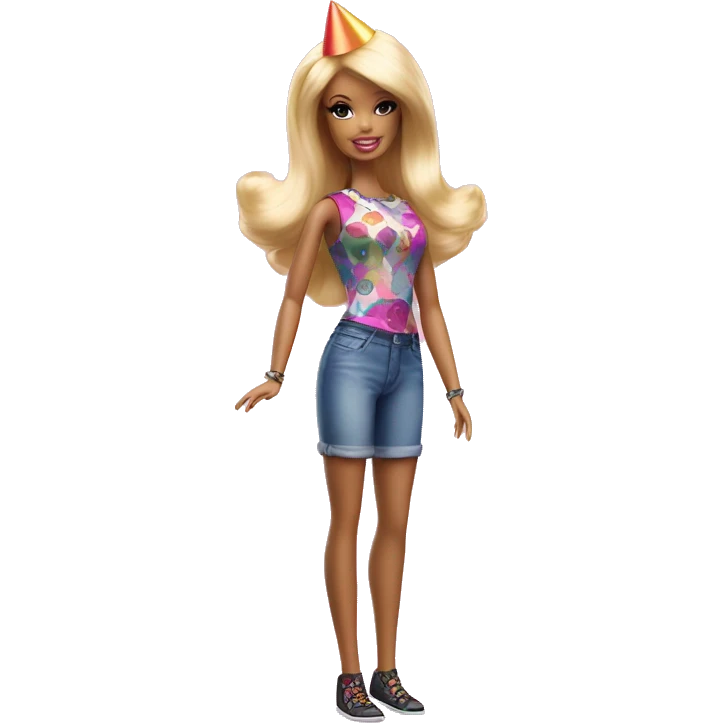 Barbie doll full body image holding a balloon and wearing a party hat  emoji