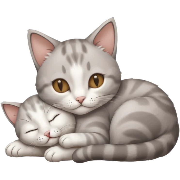 grey and white small cat with its eyes closed lying down with its paw curled and holding up his head emoji