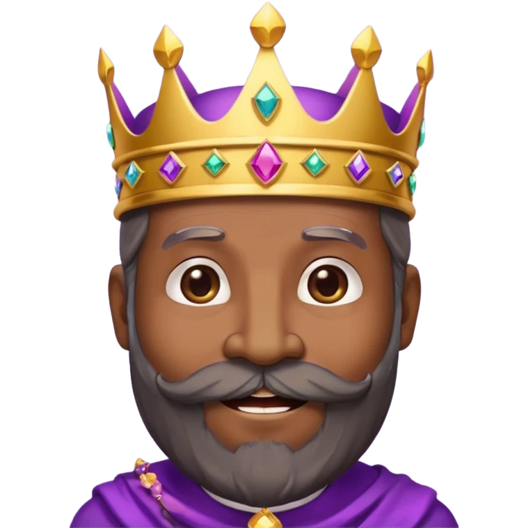 Create a cartoon-style emoji of Baltasar, one of the Three Wise Men. Only show his face and crown. He is older, with dark skin and a full black beard, joyful wrinkles, and a purple and gold jeweled crown. Express warmth, wisdom, and friendliness. Colorful and simple, suitable as an emoji. emoji