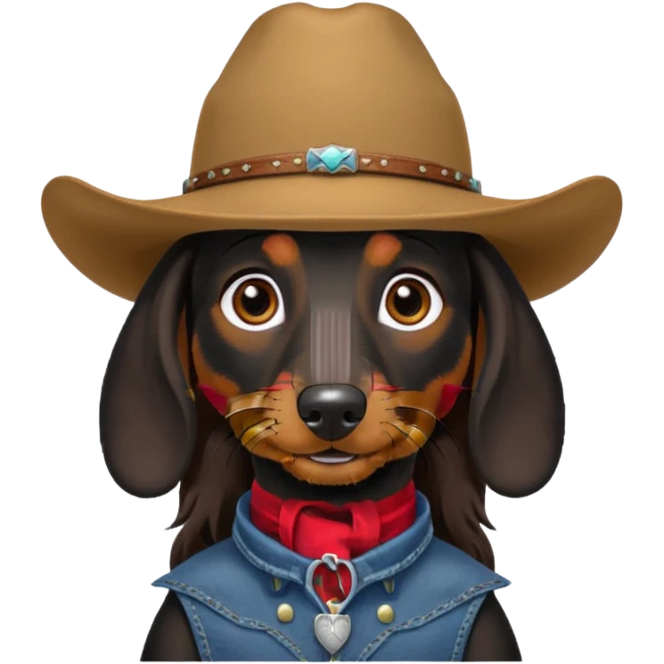 mostly black with some brown long hair daschund with a cowboy hat emoji