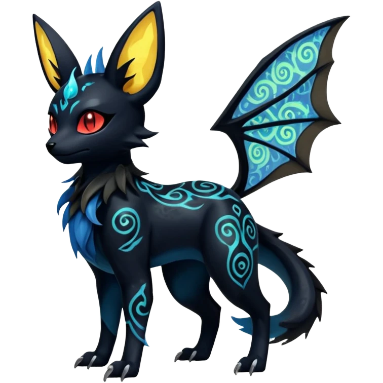 Shiny Fiery Dark Ugly Evil Glowing Eldritch Horror Cool Edgy Badass Emo Glorious Demonic Batty Punky Aural Iridescent Fluorescent Bioluminescent Umbreon-Amaura-Salandit-Litten-Flareon-Fakémon-fusion (full body) with intricate pattern markings emoji