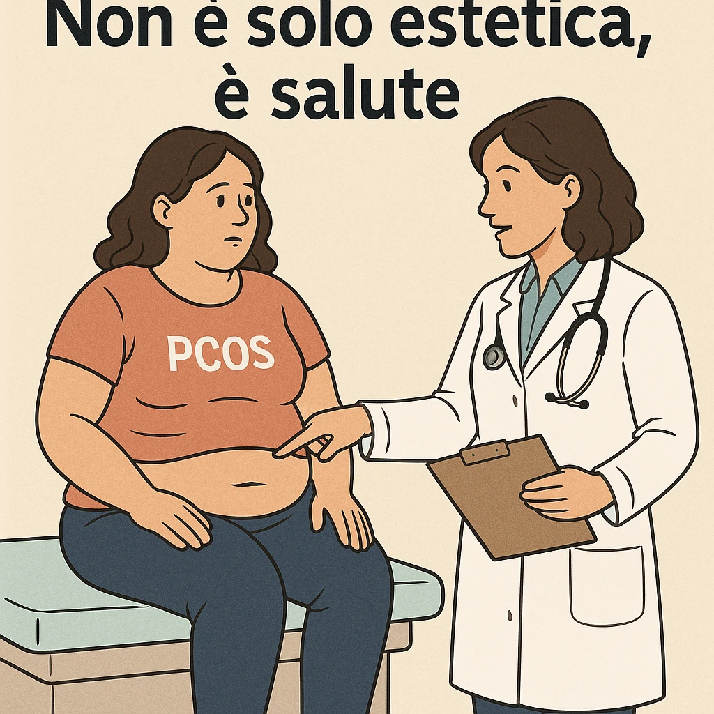 symbolic scene: woman with PCOS sitting on medical examination table, doctor pointing to abdominal area, visible fat accumulation, prevention atmosphere, Italian text: 'Non è solo estetica, è salute', 4K quality emoji