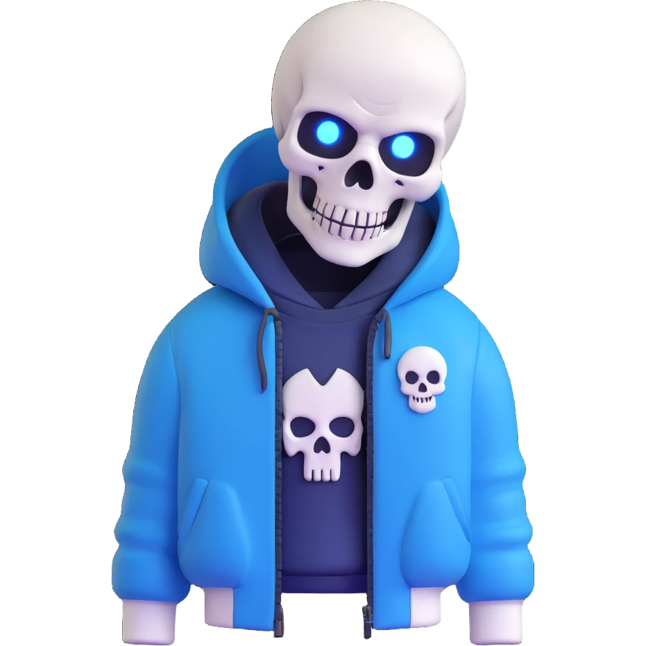 Sans character with one glowing blue eye, white skull, blue jacket, simple background emoji