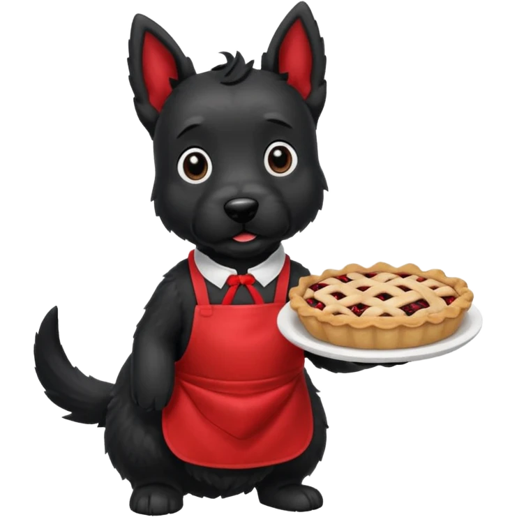 Black Scottie dog wearing red apron holding a pie emoji
