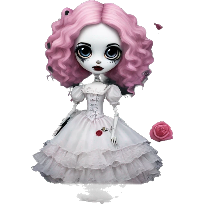 PINK LANDSCAPE PICTURE WITH FRAME: full height, tim burton "corpse bride", porcelain doll with a cracked face, goth makeup watery eyes, long hair, lace and ruffles, lolita style, inked, black and white, red roses emoji