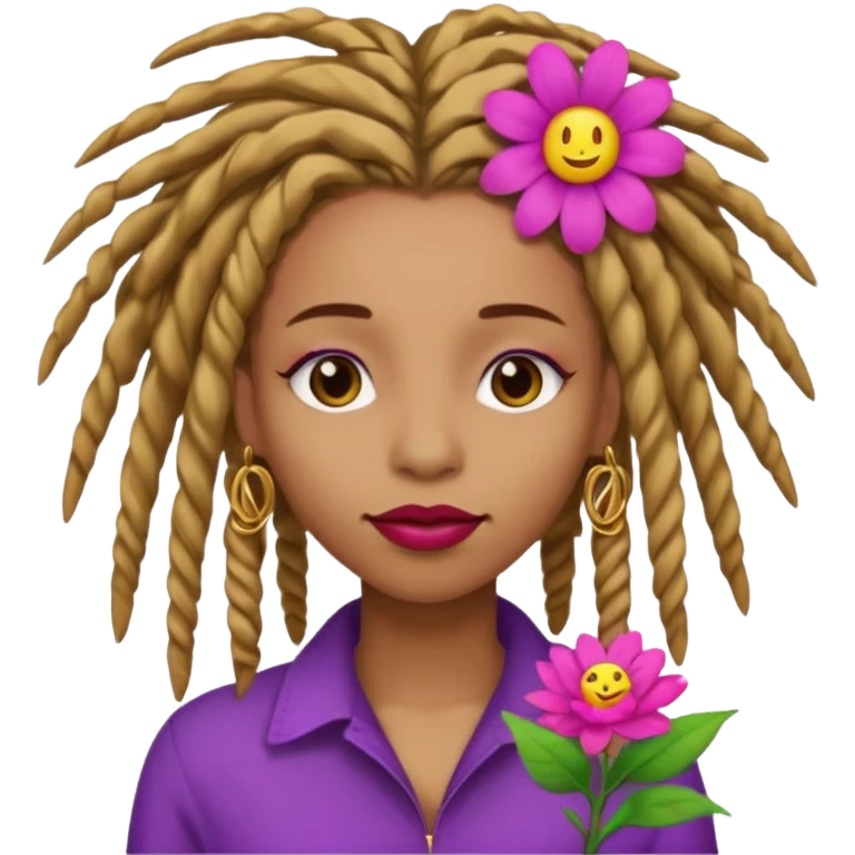Gold dread locs pink emoji face purple flower in the hair red lipstick light brown face   emoji