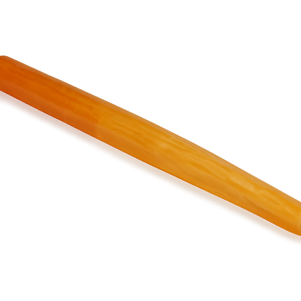 Create a full-size pool cue stick viewed from above in the exact retro 90's toy style as the orange fish reference. The cue stick should have natural wood colors, be partially transparent, soft plastic, soft and squishy texture, some cloudiness, a bit shiny, highly detailed, appealing, no eyes, no tape, and no background. The shape and proportions should match the reference pool cue stick image. emoji