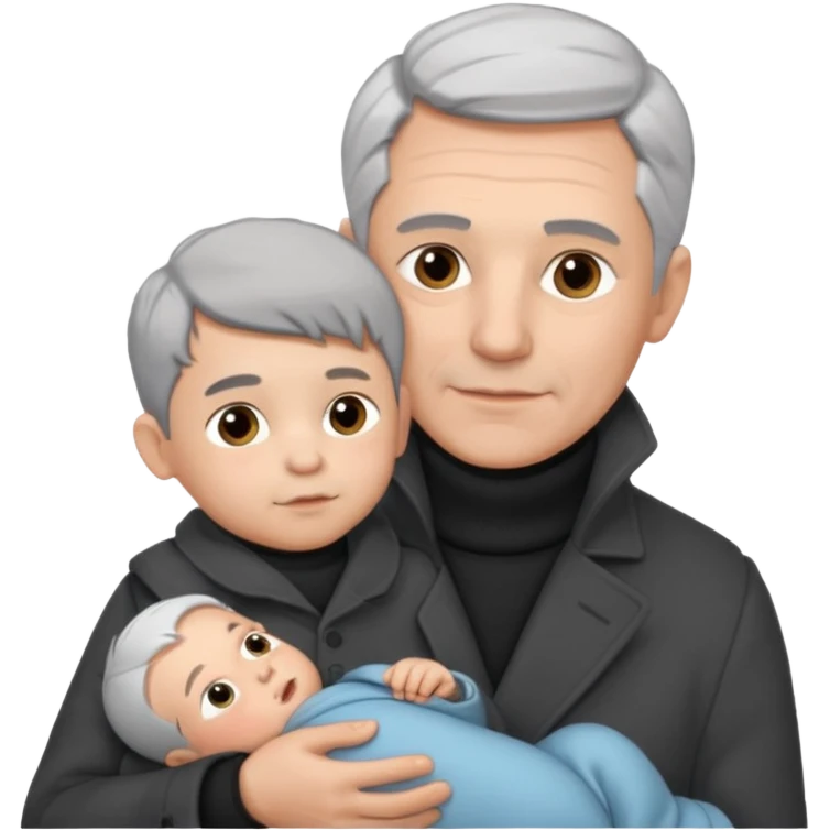 A father with silver-grey hair styled neatly and a clean-shaven face, wearing a dark turtleneck and wool coat, holding his baby emoji
