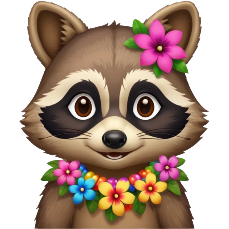 A playful raccoon wearing a hawaiian flower necklace, looking festive. emoji