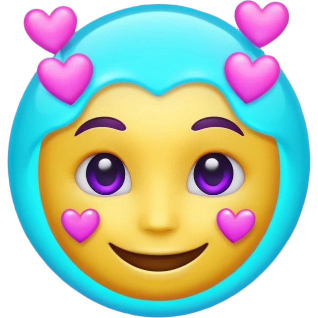 futuristic glowing emoji face smiling with floating neon hearts, purple and cyan holographic light, dark background emoji