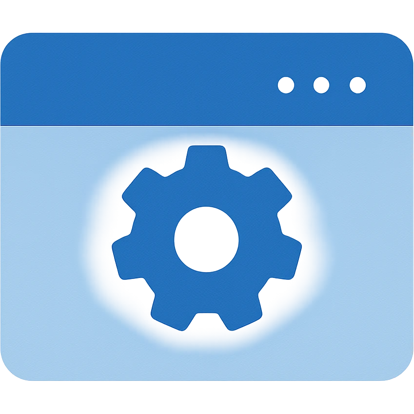 Redesign the settings-in-browser icon in a flat, modern style consistent with previous blue-themed icons. Use almost exclusively shades of blue, with a fully transparent background. The icon should feature a blue browser window with a blue gear in the center, minimal use of other colors, clean and simple lines, prioritizing visibility and clarity. emoji