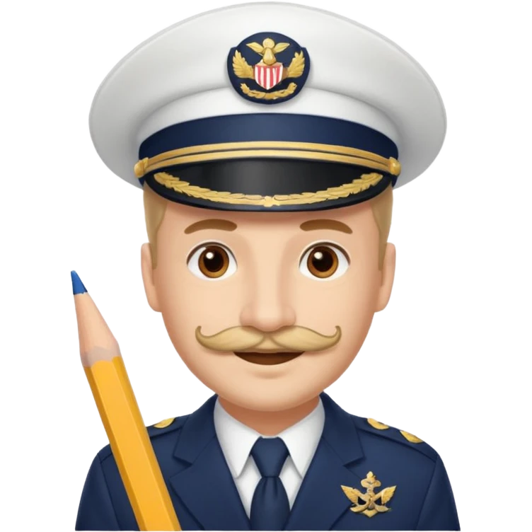 A light-skinned man with brown eyes and Pencil mustache, smiling while wearing a white captain’s hat with a navy emblem. emoji