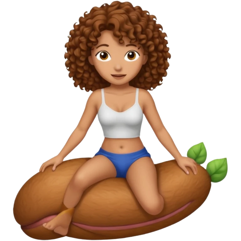 Голая женщина 18 лет, с коричневыми кудрявыми волосами белой кожей и средним размером груди в полный рост скачет на пенисе (НЕ НА ЛОШАДИ emoji