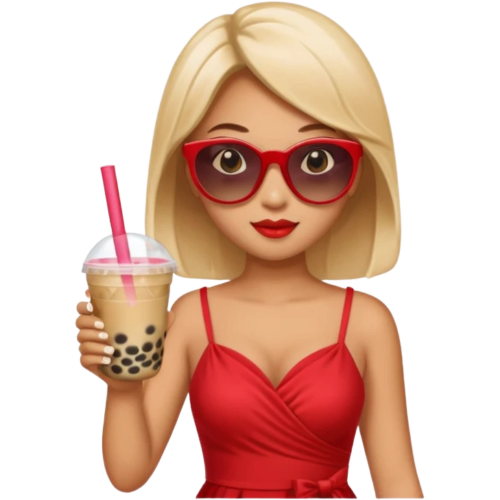 Female in red dress, holding bubble tea, wearing sunglasses emoji