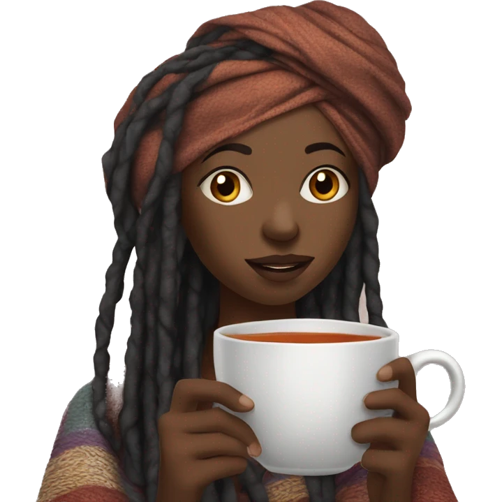 Black girl with long dreadlocks wrapped in a turban sipping on hot tea with blanket emoji