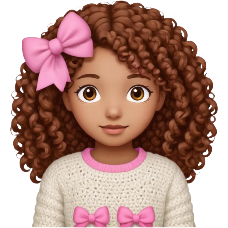 A light brown skinned girl, with cheeks, curly hair, wearing a white sweater with pink crochet bows on her sleeves emoji