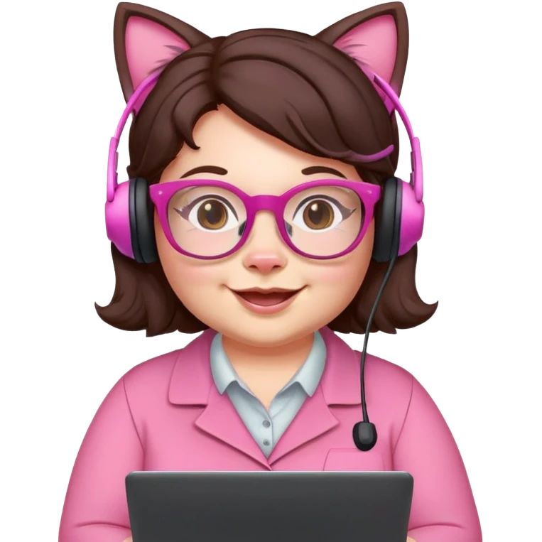 happy chubby English teacher face, pink cat glasses, wavy dark brown hair, online class setting emoji