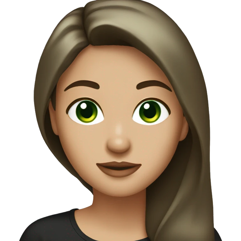 Beautiful woman with long dark brown hair and dark green eyes, wearing a black t-shirt emoji