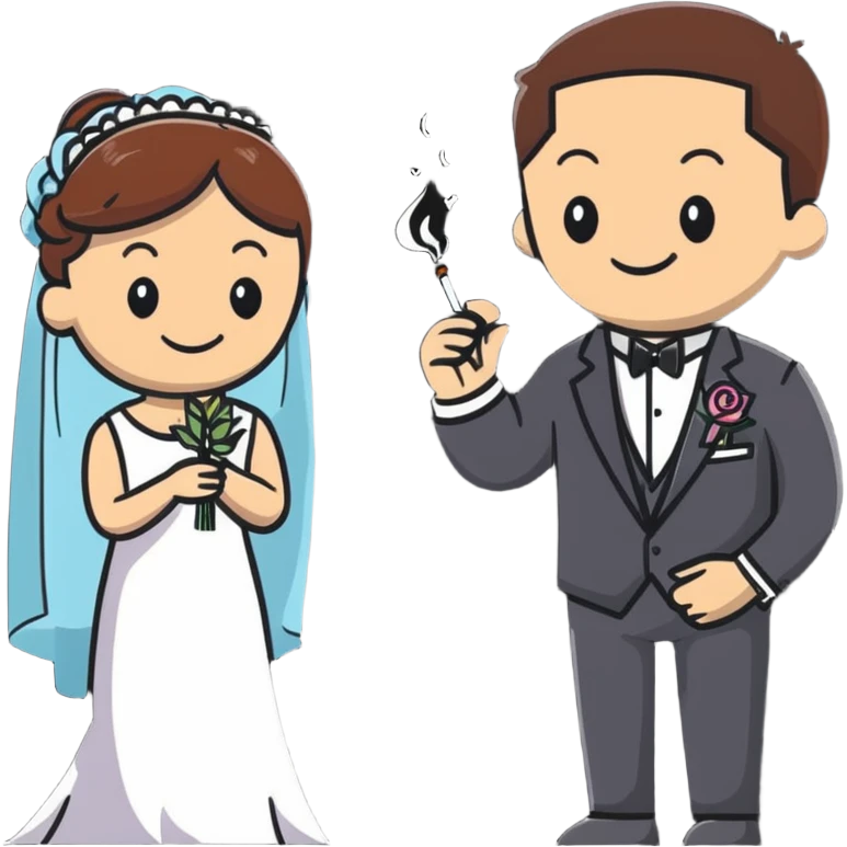Person in fancy suit sneaking into wedding ceremony with mischievous smile, uninvited guest, smoking joint emoji