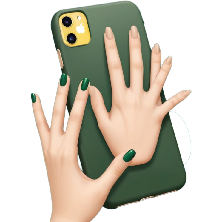 female hand with nude manicure showing all 5 fingers holding an iPhone in a dark green case, side view, emoji style emoji