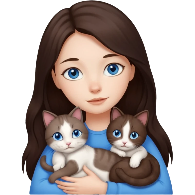 a pretty girl with long dark 
brown hair, with blue eyes, hugs 3 different natural coloured small cats emoji