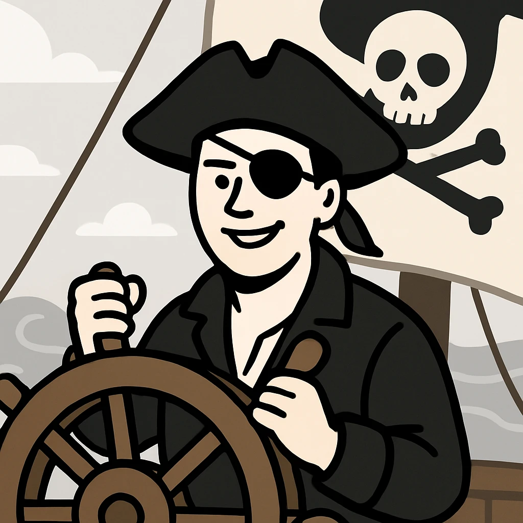 pirate with hat and eye patch at the helm of a pirate ship emoji