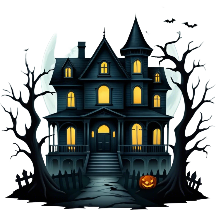 Icon for Horror Movies: A dark, eerie collage featuring iconic horror elements like a haunted house, a full moon, sinister shadows, and creepy creatures emerging from the darkness. The atmosphere should be chilling, with a feeling of suspense and fear. Transparent background. emoji