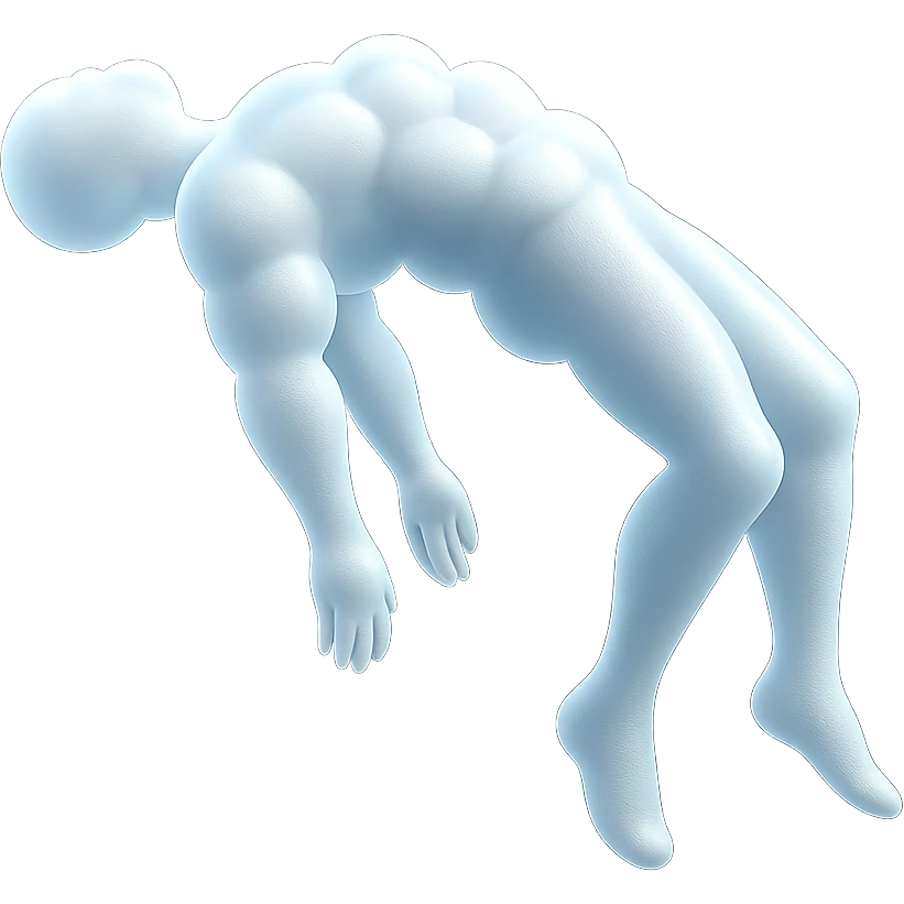 side view of a person unconscious flying upwards by the torso, legs and arms downwards, made of small very bright white fluffy convex clouds, matte glass style emoji